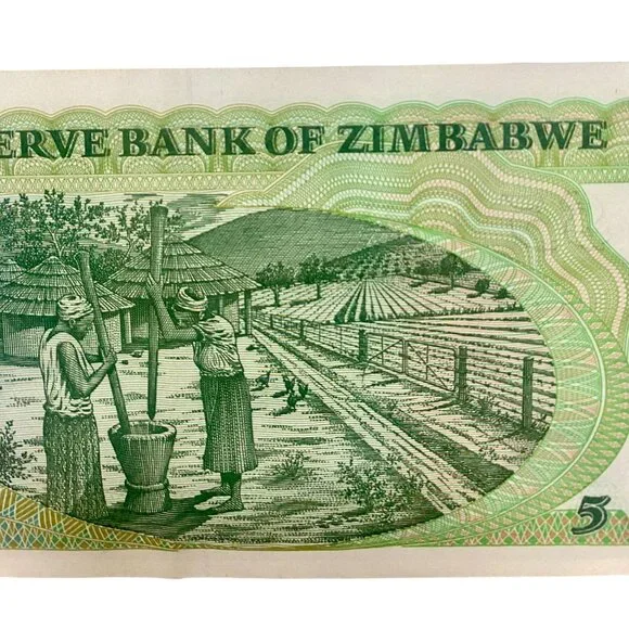 1983 Zimbabwe $5 Reserve Bank Note With Zebra & Stacked Rocks Design - Picture 5 of 6